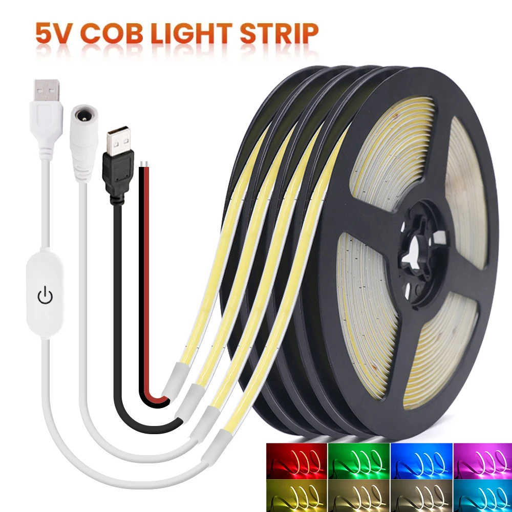 5V COB LED Strip Light 5mm 320LEDs/m RA90 Flexible COB Light Tape Bar Warm Natural White Red Blue Pink For Home Decor 0.5-5m
