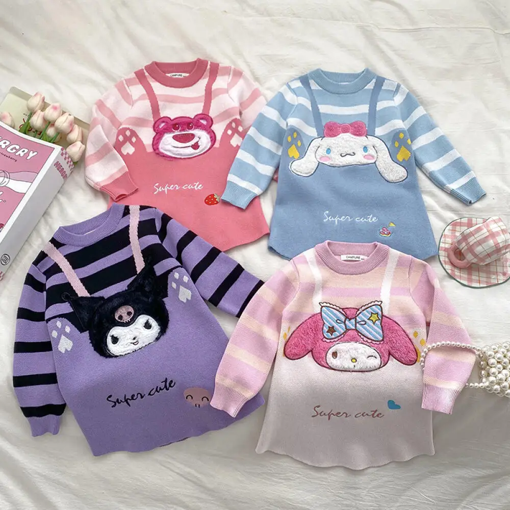 

Sanrio Kuromi Girls Autumn and Winter Cartoon Sweet Princess Dress Melody Suspender Striped Plush Casual Sweater Dress Gift
