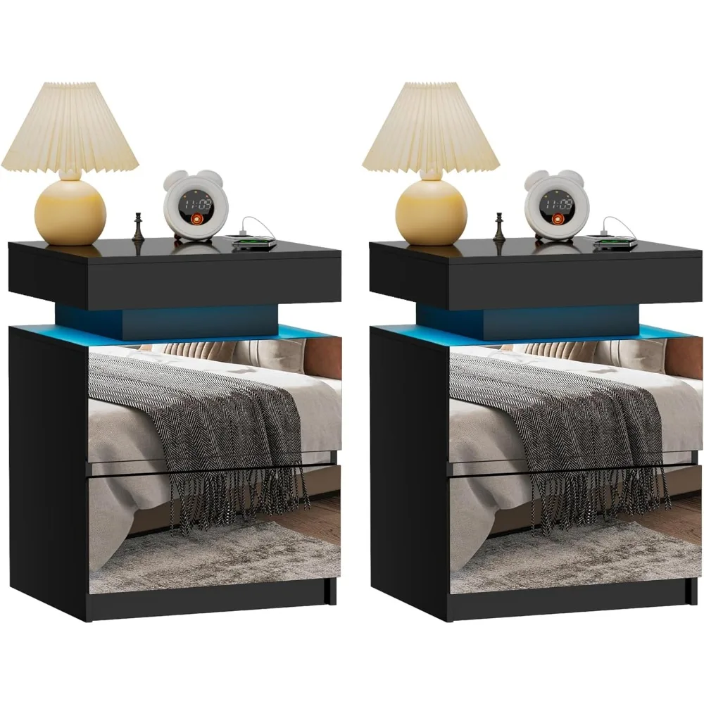 LED Nightstand Set of 2 - Bedside Table with Charging Station and 2 Mirrored Drawers Sliding Top with Magnetic Lock - Modern