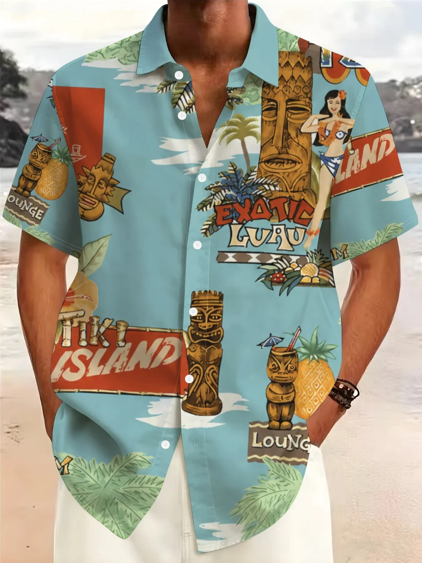 Vintage Polynesian Spiral Tribal Totem Maori Face Outrigger Canoe Ocean Wave Full Print Men Hawaii Button Down Crop Shirt