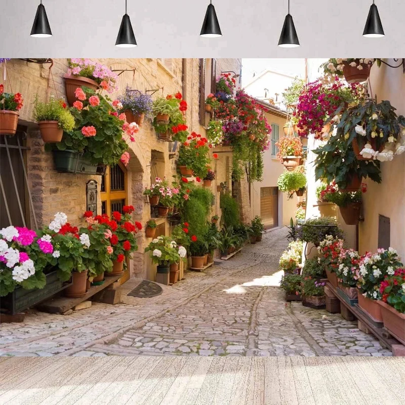 Italy Street Photography Backdrop Europe Village Town Landscape Buildings Colorful Flowers Photo Background Wall Holiday Travel