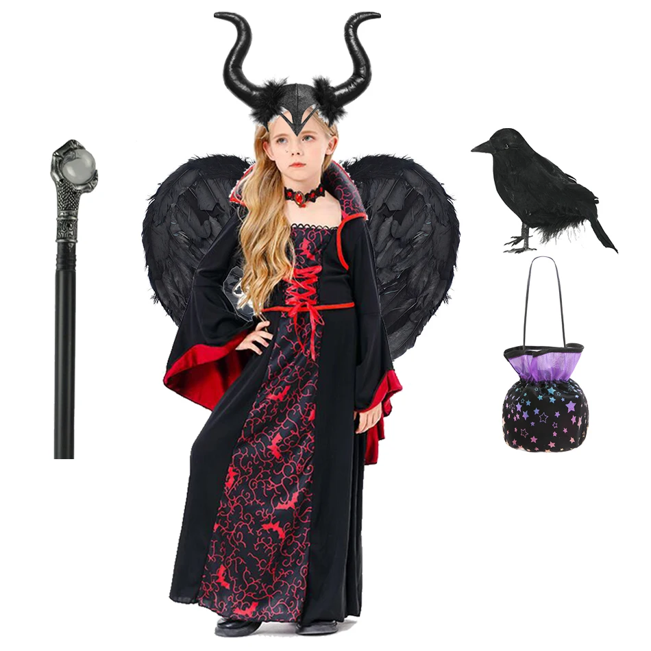 Halloween Kids Witch Costume Medieval Retro Lace-up Collar Flared Sleeve Printed Long Dress Vampire Cos Stage Show Costume