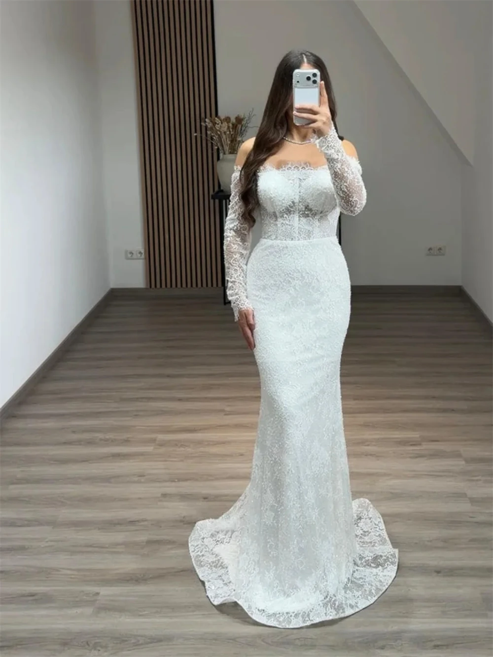 Abito da homecoming in pizzo bianco semplice personalizzato Abito da cerimonia formale con scollo a barca maniche lunghe Abiti da celebrità Abito da festa con strascico a sirena morbida