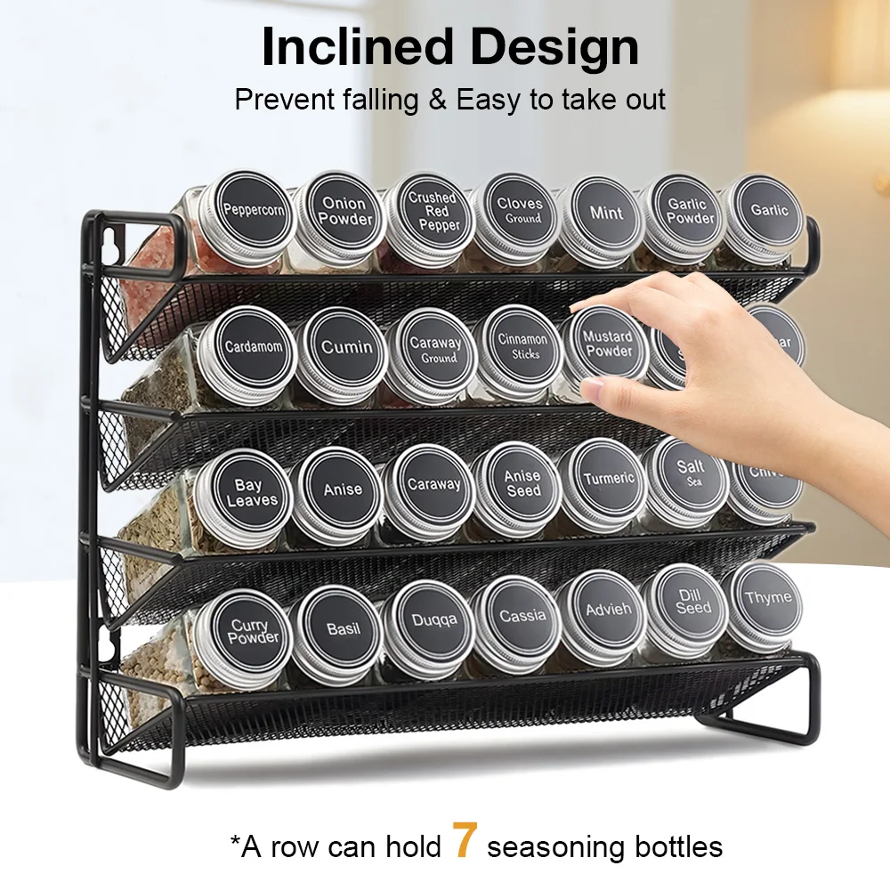3/4-stufiger Küchen-Organizer, Gewürzregal, Wandregal aus Kohlenstoffstahl mit Glas, Gewürzgläser, Speisekammer, Schrank, Küchenzubehör