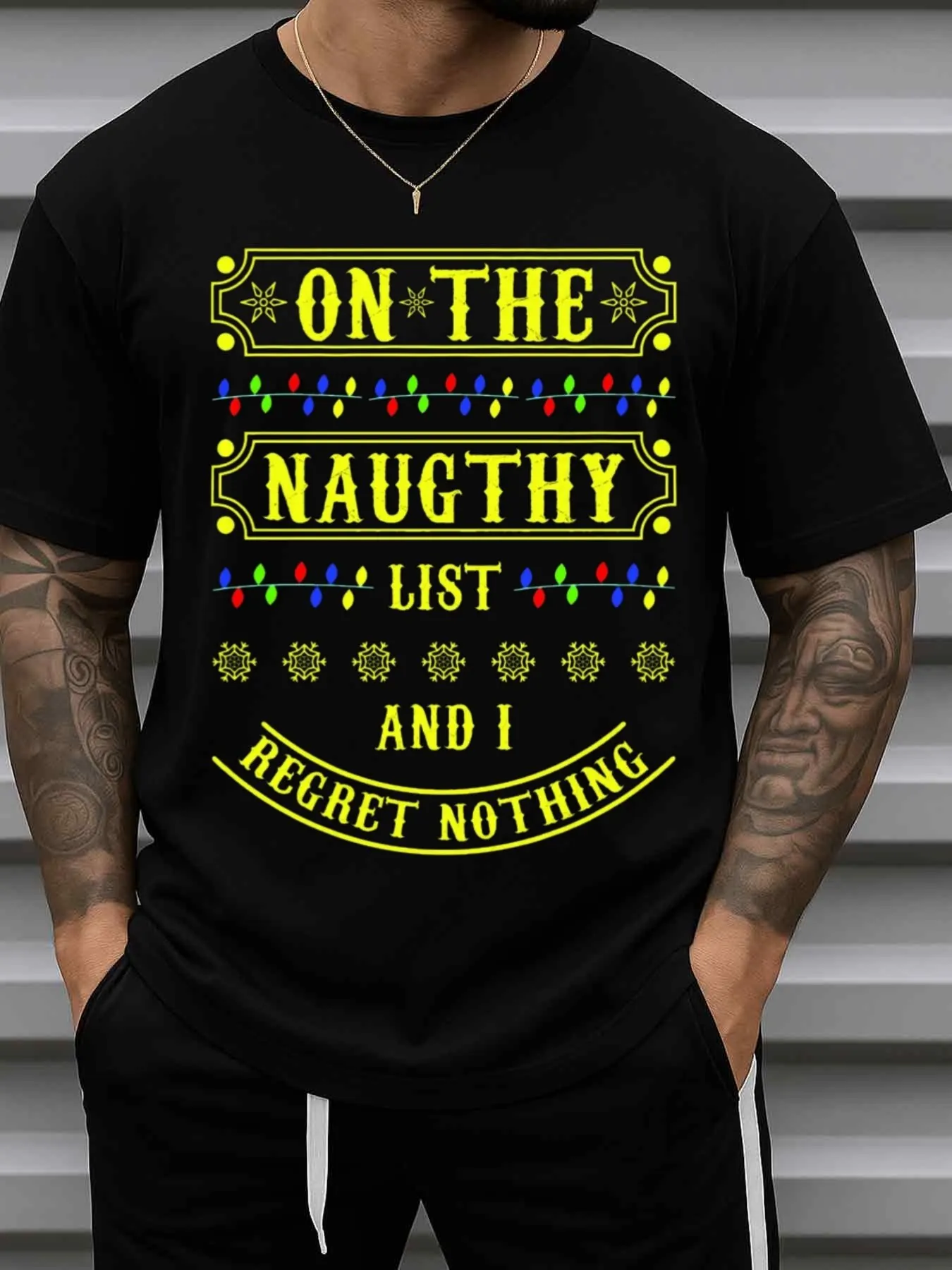 Men's Naughty List T-Shirt - Christmas-Themed Short-Sleeve Casual Top, Durable Sportswear for Gym, Street Style, and Holiday Parties, Machine Washable Crew Neck Shirt (Regular Fit)