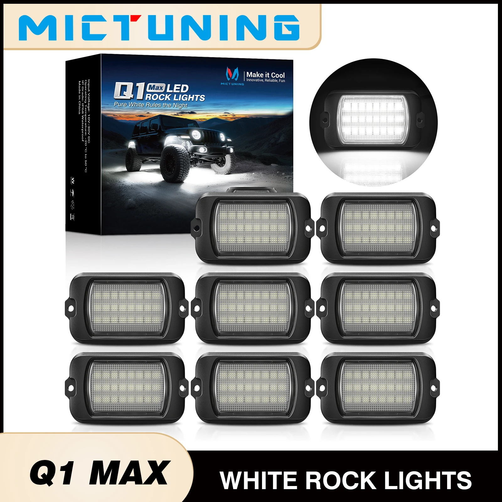 

MICTUNING Q1 MAX Белые каменные фонари, IP68 Водонепроницаемые 4/8 стручков подсветки, 12 В/24 В для легковых автомобилей, грузовиков, внедорожных лодок, мотоциклов