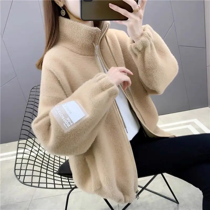 

Imitation Mink Wool Sweater Jacket Women Outwear Spring Autumn 2024 Loose Zipper Sweatshirt Coat Female Fashion Thicke Sweater