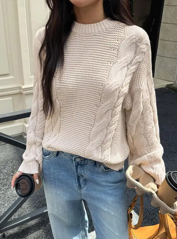 

Women's Sweater Autumn Winter Classic Solid Simple Fried Dough Twists Knitted Jacquard Round Neck Loose Long Sleeve Sweater