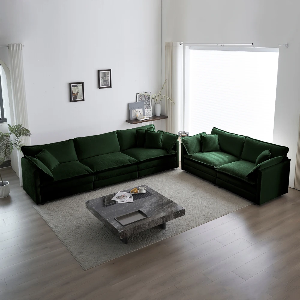 

Комплект диванов из синельной ткани, 5 предметов, 2-+3-местный диван с глубоким сиденьем и подушками, современная мебель для гостиной (зеленый)