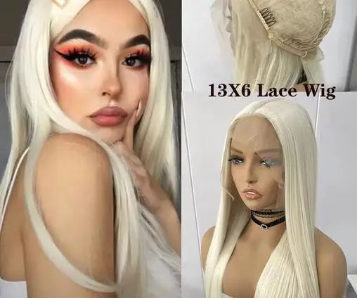 13x6 Platinum Blonde Wig Synthetic Lace Frontal Wigs For Women Long Silky Straight Blonde Wig Cosplay Wear Lace Wigs Daily Use