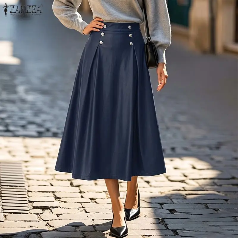 ZANZEA Women Autumn Faux Leather Maxi Skirt Elegant High Waisted A-Line Skirts Retro Pleated Robe Solid Office Faldas Overskirt