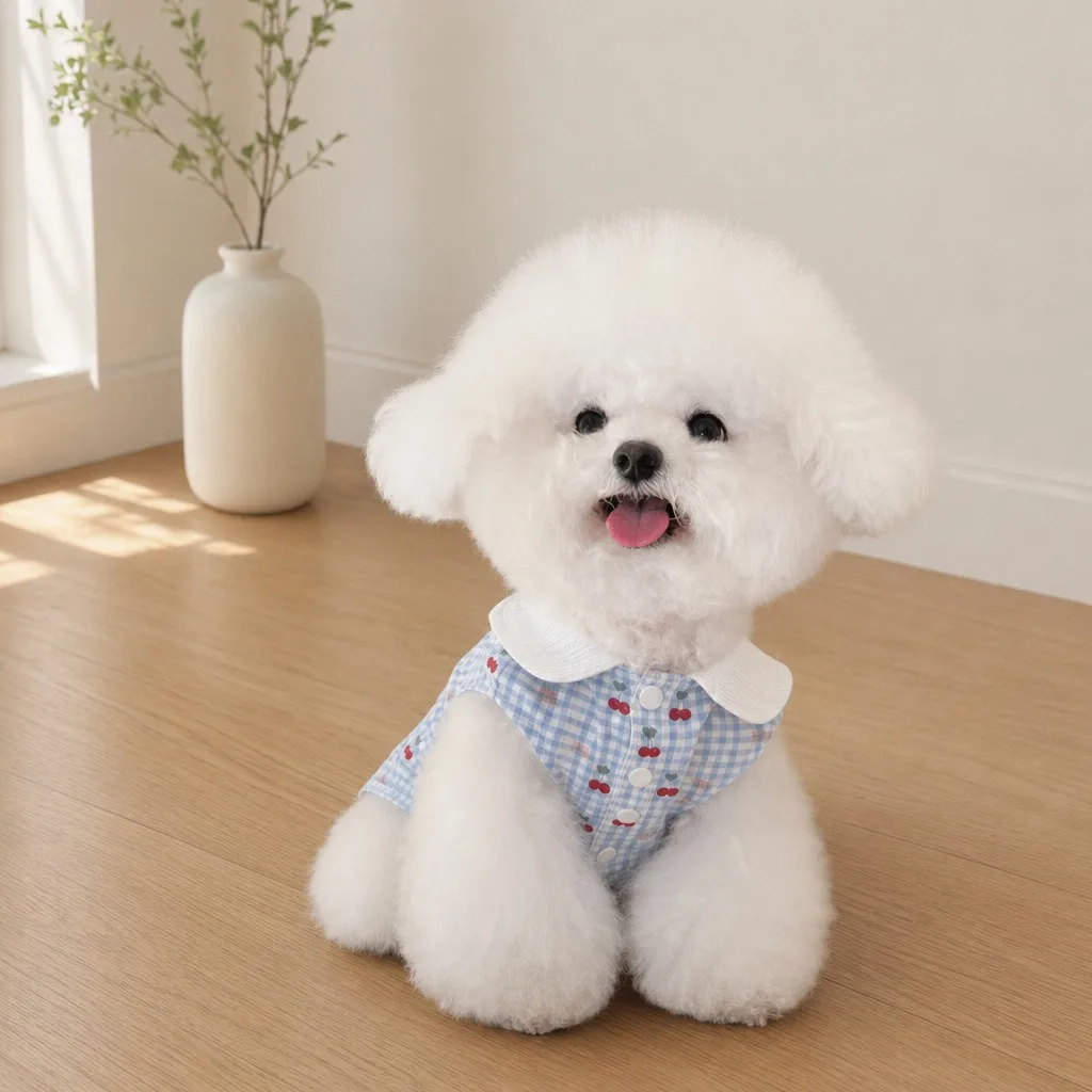 2026 Blue Checkered Teddy Skirt Summer Pet Clothes Cherry Print Dog Cat Pullover Cute Breathable Maltese Dress