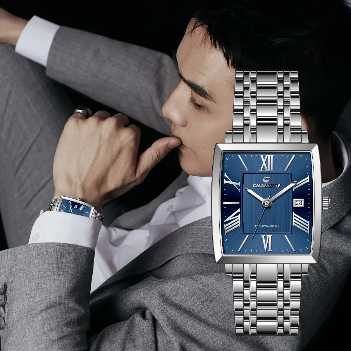 ساعة CHAXIGO للرجال كاجوال مربعة من الفولاذ المقاوم للصدأ، هيكل 32 ملم، عرض التاريخ، مقاومة للماء حتى 30 مترًا، ساعة كوارتز #2