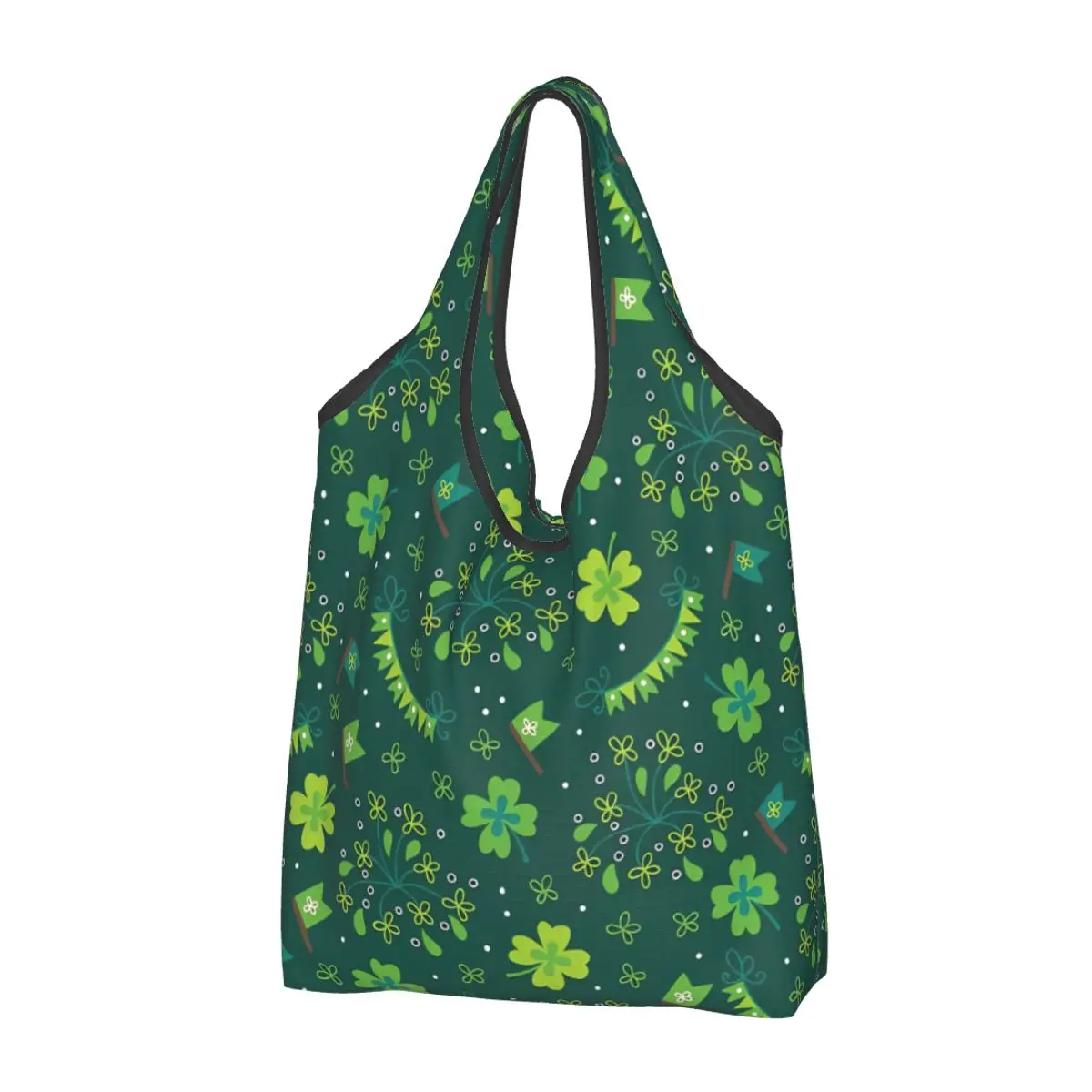 St Patrick's Day Irish Shamrock Clover Grocery Bags Durable Reusable Recycle Heavy Duty Shopping Tote Bag Washable With Pouch