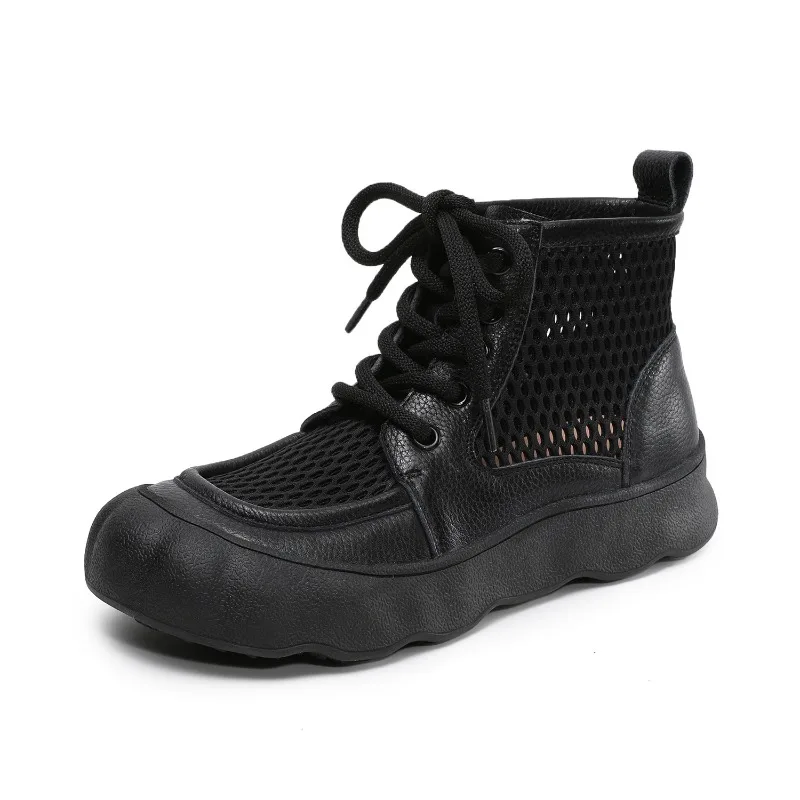 

Женские летние дышащие ботинки 2026 из натуральной кожи на плоской платформе с сетчатыми вставками, в стиле ретро, с перфорацией