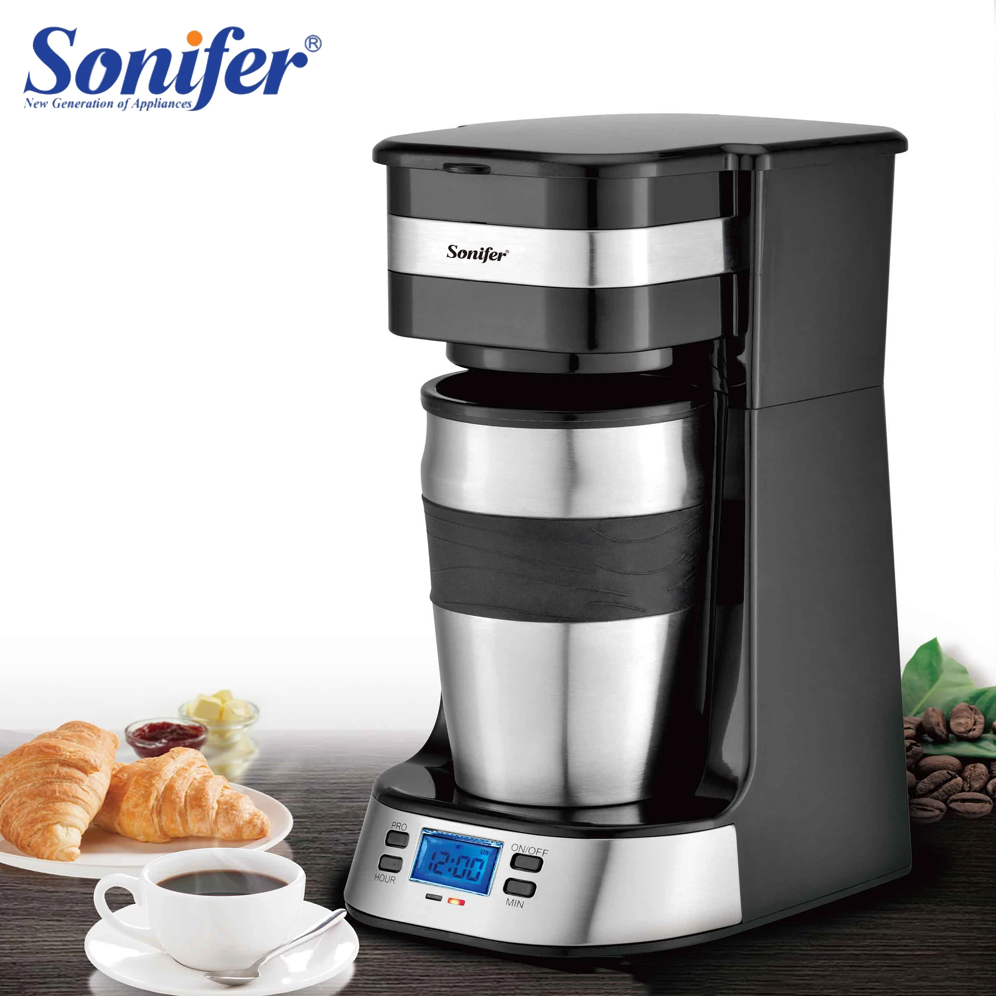 Sonifer-cafetera de goteo con filtro LCD y temporizador, máquina de café doméstica de 750W, taza de automóvil de 15cm, 0,42 L