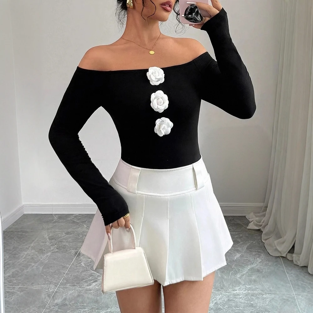 

Women's Autumn Winter T-Shirts Chic Fitting Slim Contrast Color Long Sleeve Off Shoulder Wrap Casual Tees