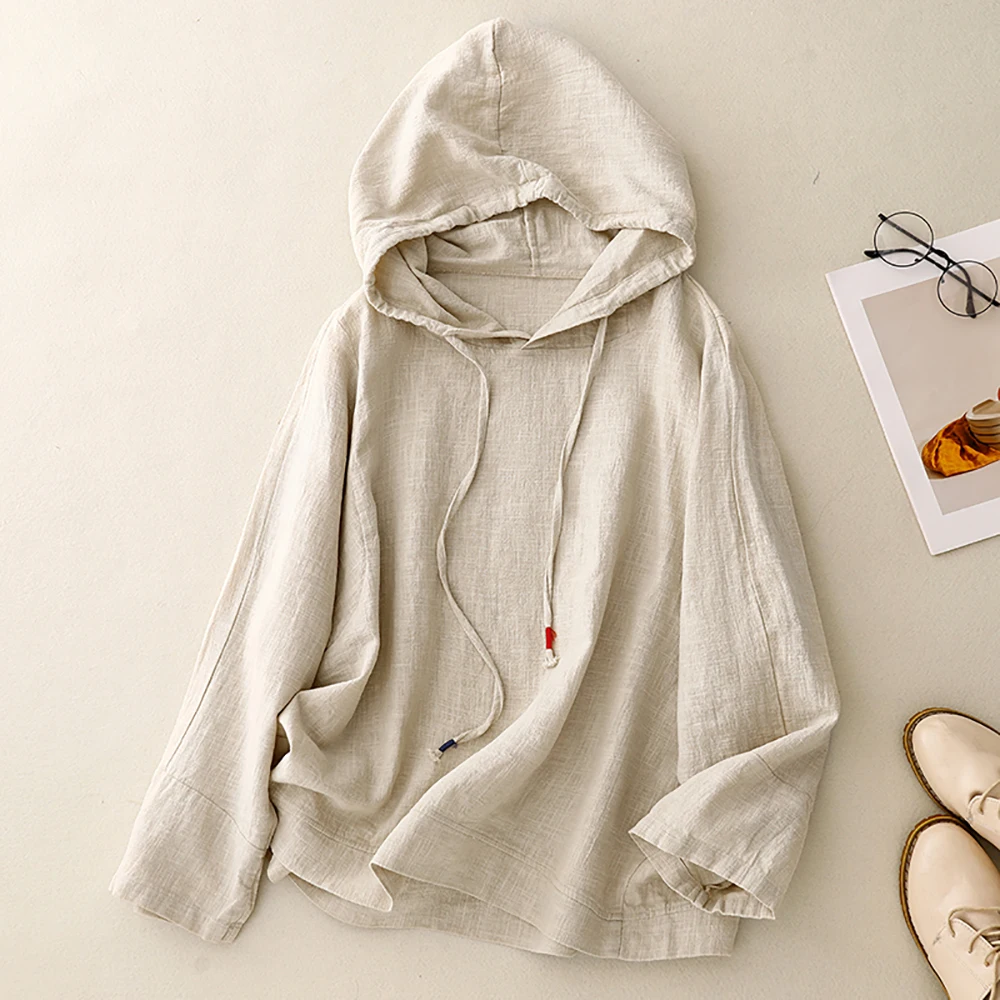 Início do outono fino algodão linho hoodies para mulher casual sólido all-match solto com capuz pulôver manga cheia moletom com cordão