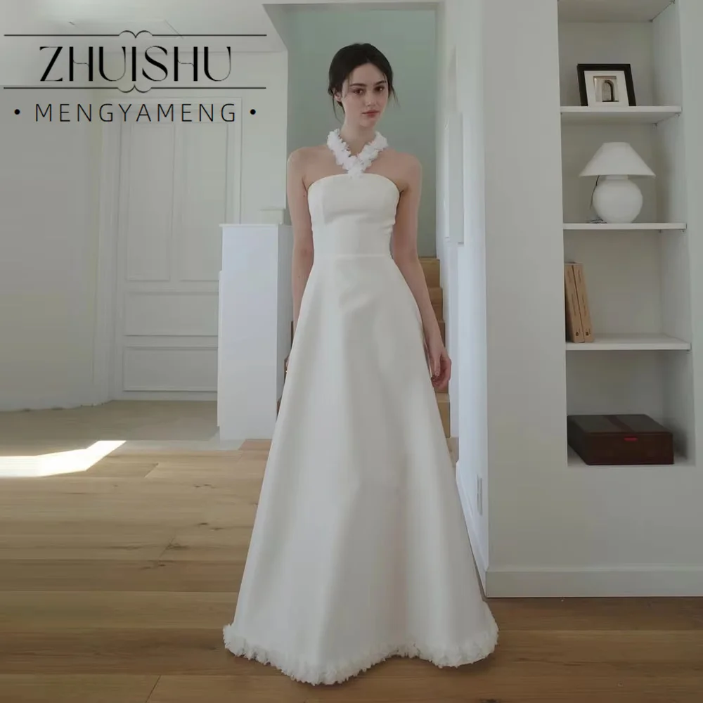 ZHUISHU Elegant A-line Satin Wedding Dresses Korea Photo Shoot Strapless Adjustable Shawl Long Bridal Gown Corset Customized 웨딩드