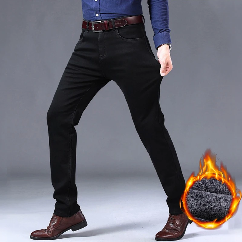 Winter Warme Herren Jeans Verdickte Samt Gefüttert Gerade Bein Lange Hosen Schwarz Koreanischen Stil Mode Business Casual Denim Hosen