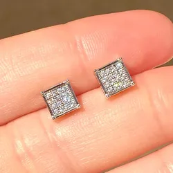 Huitan Trendy Square Shape Stud Earrings Unisex Daily Jewelry Silver Color Bright Zirconia Accessories for Engagement Ceremony
