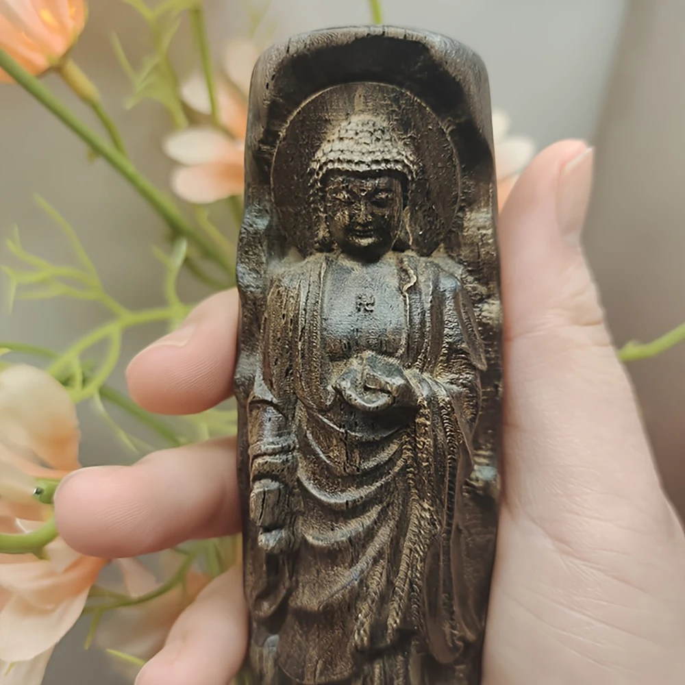 Wooden Buddha Statue Ornament, Christmas and New Year Study Room Display, Natural Wood Grain Texture Craftsmanship, Three-Dimensional Sculpted Robe Patterns, Home Zen Space Decoration
