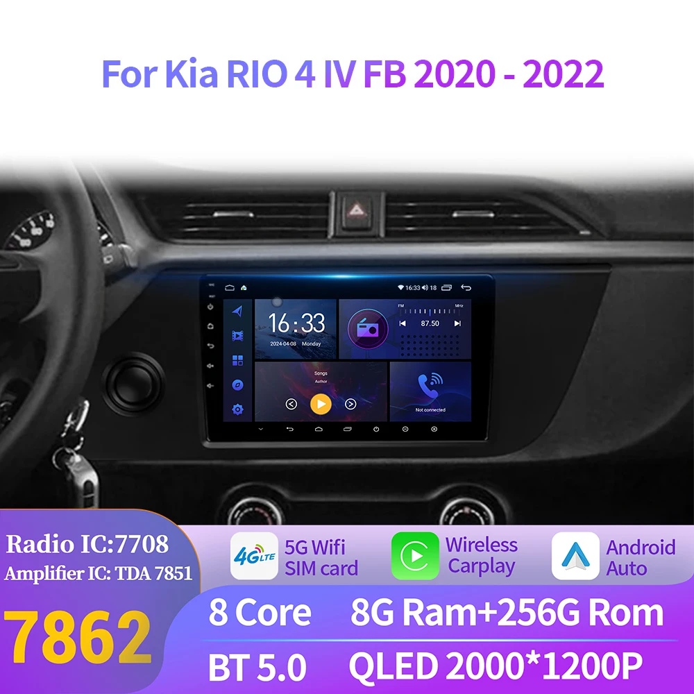 Android 14 For Kia RIO 4 IV FB 2020-2022 Wireless BT Carplay Car Radio Multimedia Navigation 7862 8+256 radio 2K QLED Screen