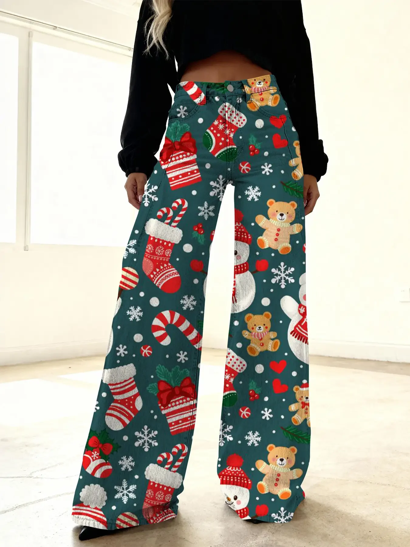 

Christmas women's imitation denim printed high waisted flared pants, sweet and cute, Comfortable to wear,