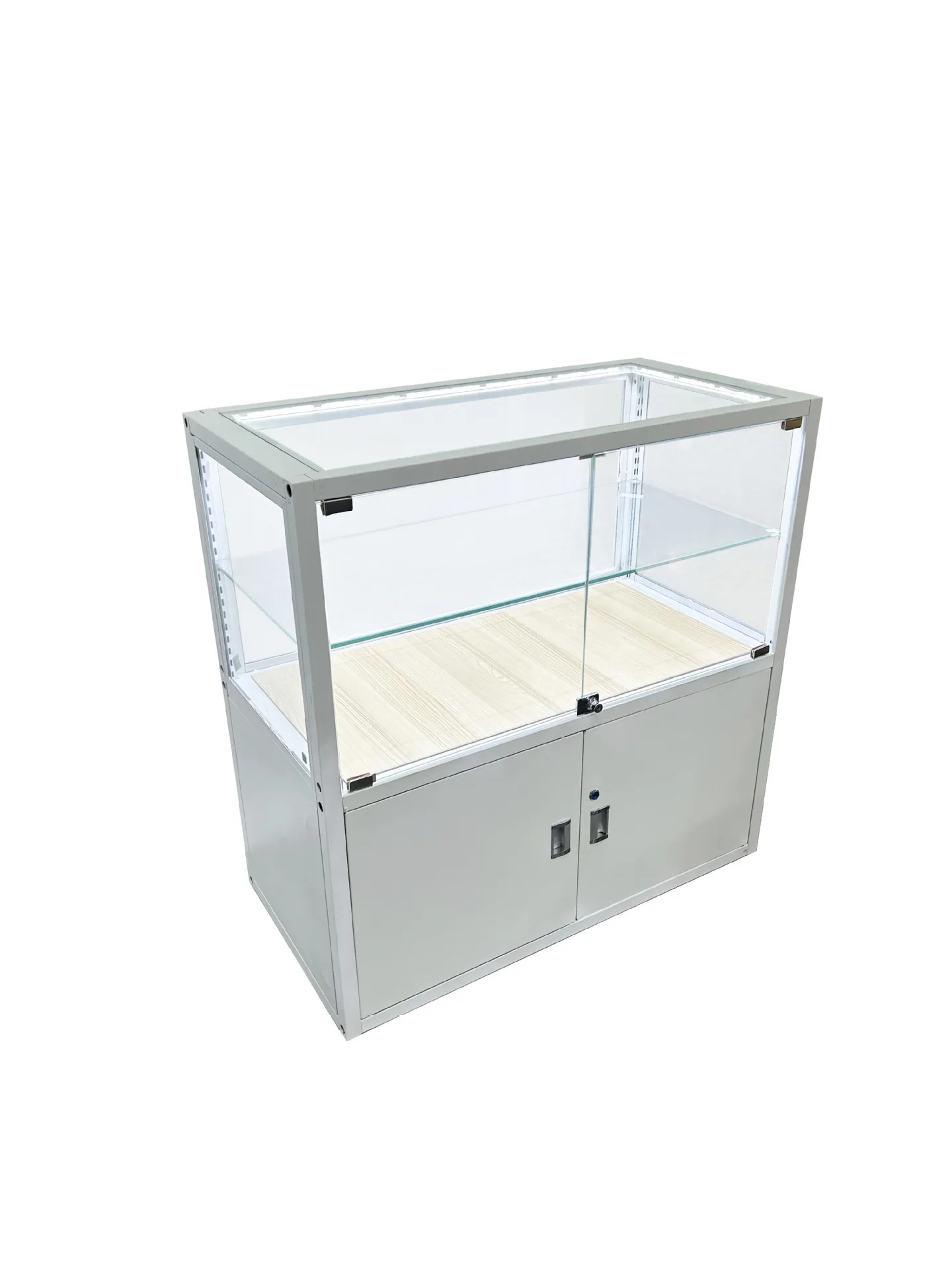 

Metal display stand Wooden bottom shop Boutique Glass cabinet Glass laminate jewelry