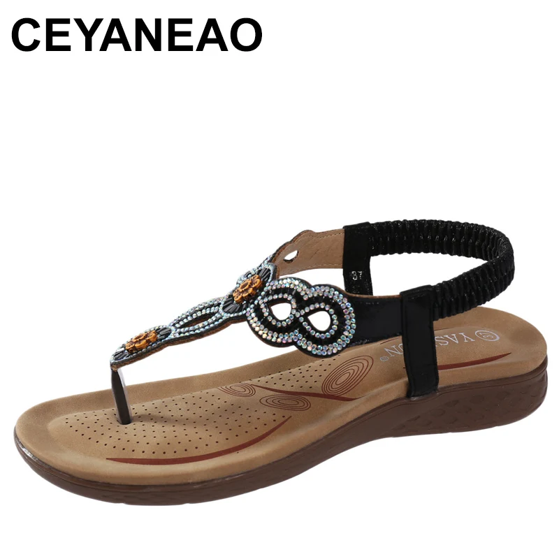 Women Wedges Sandals Elastic Ankle Strap Casual Bohemian Beach Shoes Rhinestone Decor Toe Post Thong Sandals