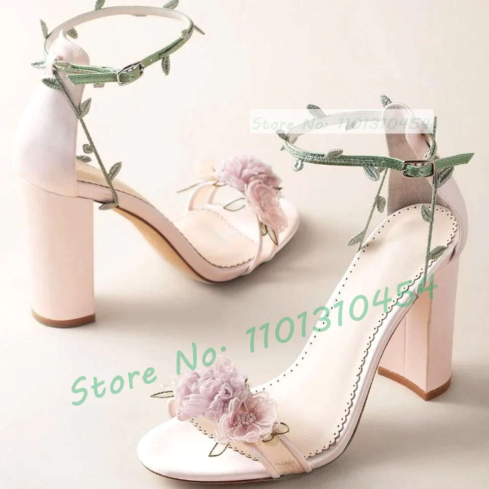 Flowers Block Heels Sandals With Leaves Strap Women Colorful Floral High Heels Pink Shoes Ladies Comfy Casual Party Dress Sandal