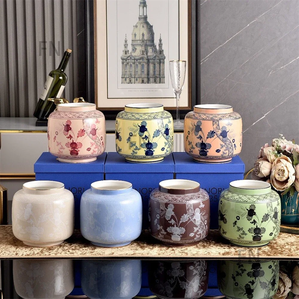 Italian Ceramic Household Products Vase Vintage Lantern Vase Fresh Printing Flower Ornaments Gift Box 18.5cmx18.5cmx18cm