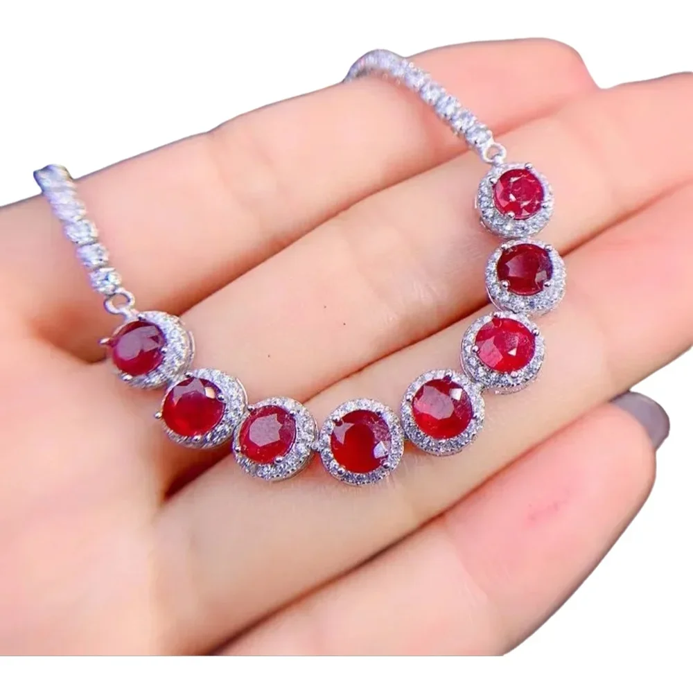 

Fine Jewelry 925 Sterling Silver Inset With Natural Gemstones Women's Popular Noble Round Ruby Hand Bracelet New Party Gift