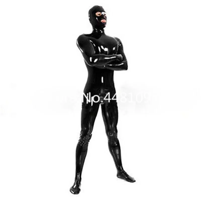 

Men Latex Catsuit Rubber Bodysuits with Hoods Mask and Gloves Socks Full Set Halloween Csoplay Costume