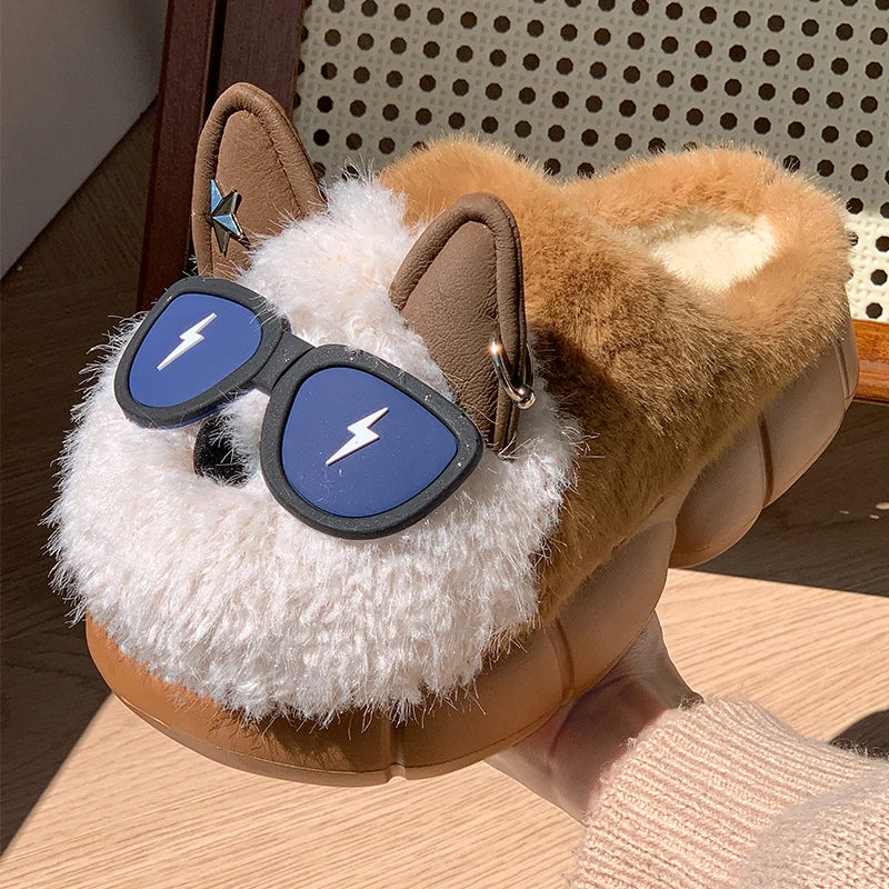 لطيف الكرتون الكلاب فروي النعال النساء أزياء مزيج اللون منصة نعال قماش للمرأة داخلي باطن لينة القطن الشريحة سيدة #2