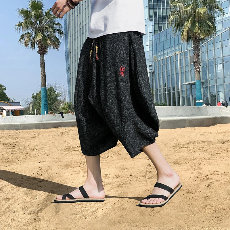 

Ice Silk Embroidered Linen Wide Leg ort Pants Men's Summer Thin Loose Fit Lantern Pants Harajuku Sle Casual Loose orts