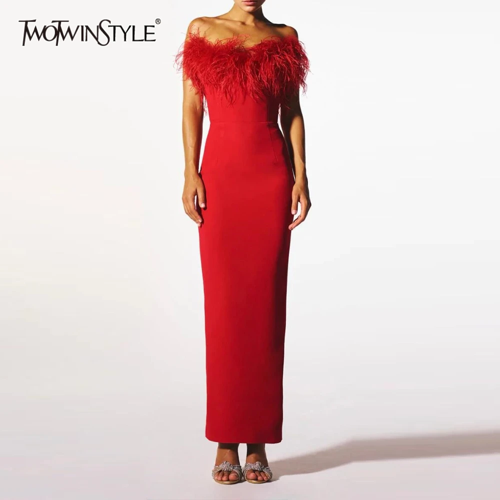 TWOTWINSTYLE Solid Slimming Spliced Feather Dresses for Women Slash Neck Sleeveless Patchwork Zipper Tunic Dress Female Fashion