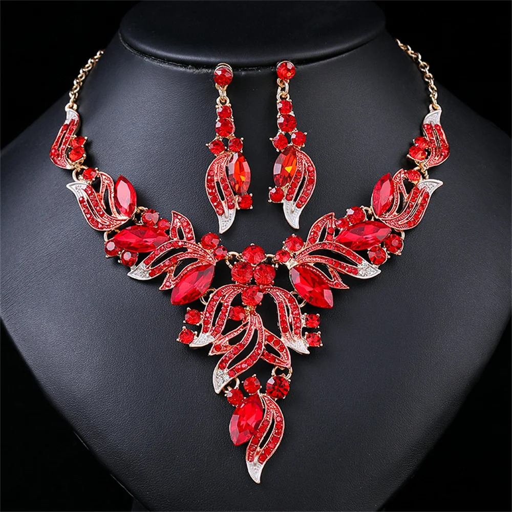 

Gorgeous Red Crystal Retro Drop Collar Necklace Earring Luxury Wedding Jewelry Set Exaggerated Bridal Party Birthday Gift