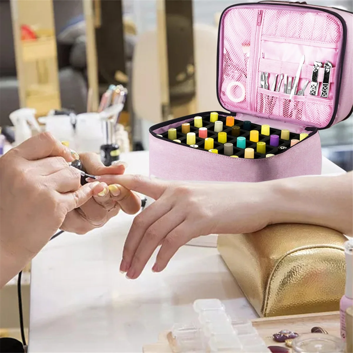 Organizador de esmalte de unhas saco de armazenamento de esmalte portátil suporte de esmalte contém 30 garrafas e lâmpada de secador de unhas, rosa