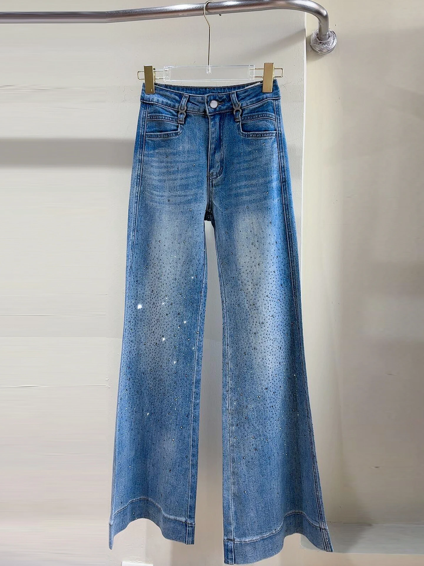 

High Waist Long Jeans Women's Spring Summer Design Sense Rhinestone Denim Bell Bottoms Casual Style Zipper Closure Blue Color