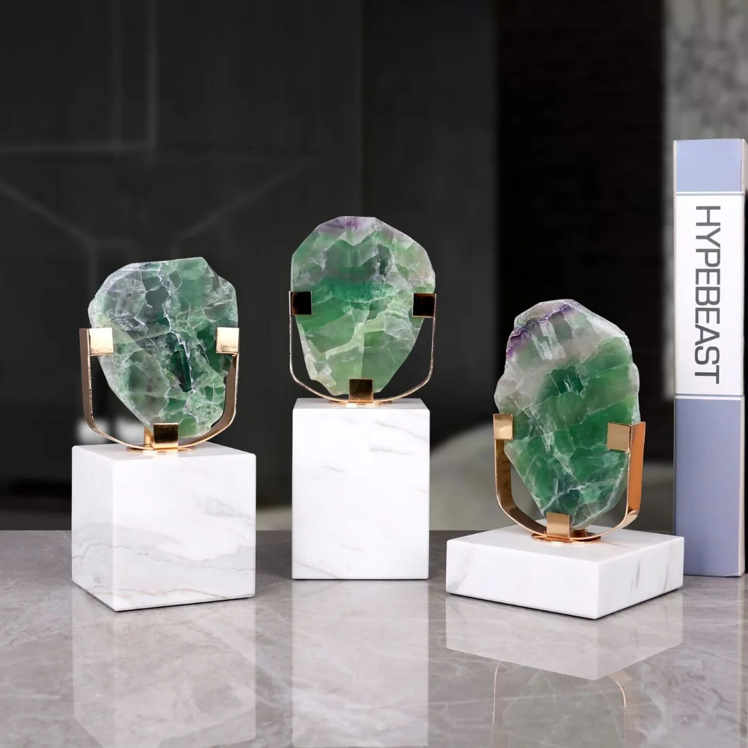 Natural Green Fluorite Crafts Sculpture Crystal Base Ornaments Desk Decoration Modern Crystal Artwork Room Aesthetics Decor