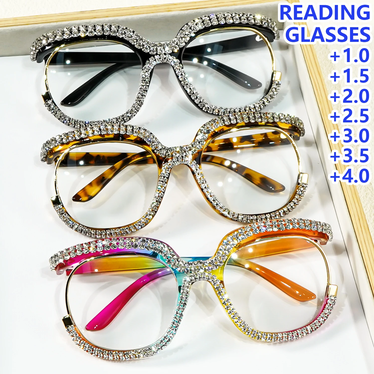 Image of Übergroße Lesebrille mit Strasssteinen, modische Lesebrille für Damen und Herren von +1,0 bis +4,0