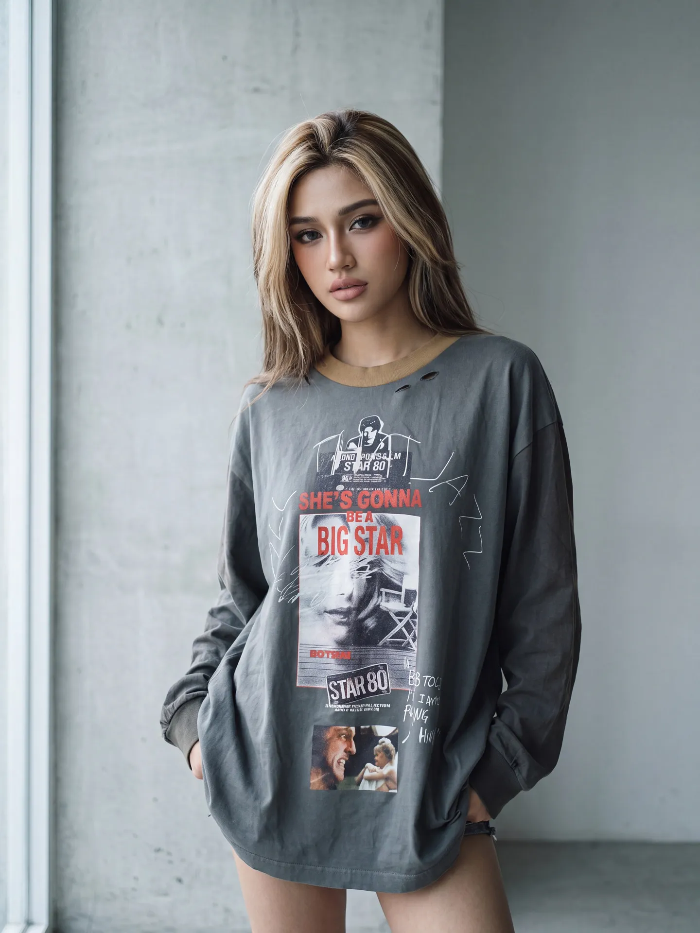 Yao Fashion Big Star Tee Tops Vintage Character Printing Hip Hop Casual Oversize Kanye West Long