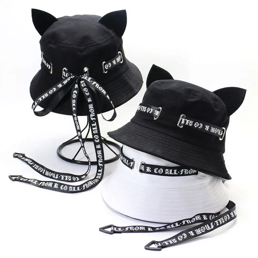 Cotton Hip Hop Bonnets Casual Panama Hat Streamer Fisherman Cap Cute Cat Ears Summer Sun Caps Bucket Hat