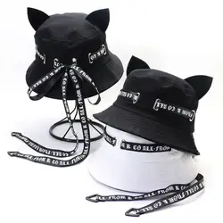 New Cute Cat Ears Bucket Hats Women Streamer Fisherman Hat Casual Panama Outdoor Beach Sun Cap Hip Hop Basin Caps