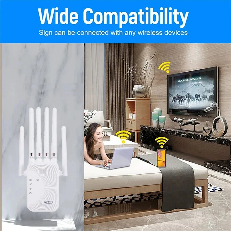 1200Mbps Dual Band WiFi Repeater ไร้สาย 2.4G 5GHz เครื่องขยายเสียงเครือข่าย Long Range Signal Booster สําหรับ Home Office Wi-Fi Repeater