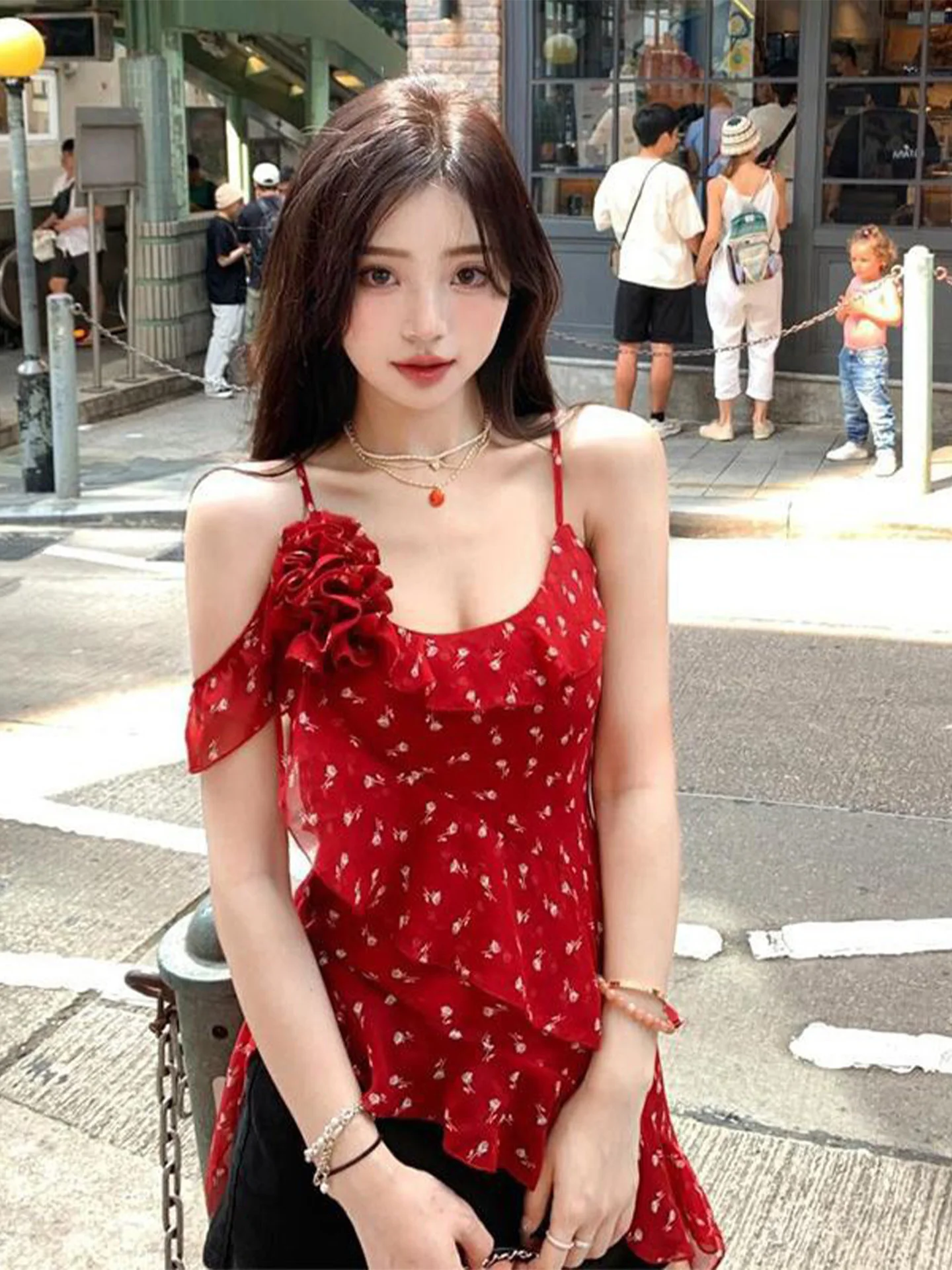 Verão praia sle vermelho floral impressão ter ne colete irregular renda guarnição saes feminino faion commute fino ajuste comprimento regular