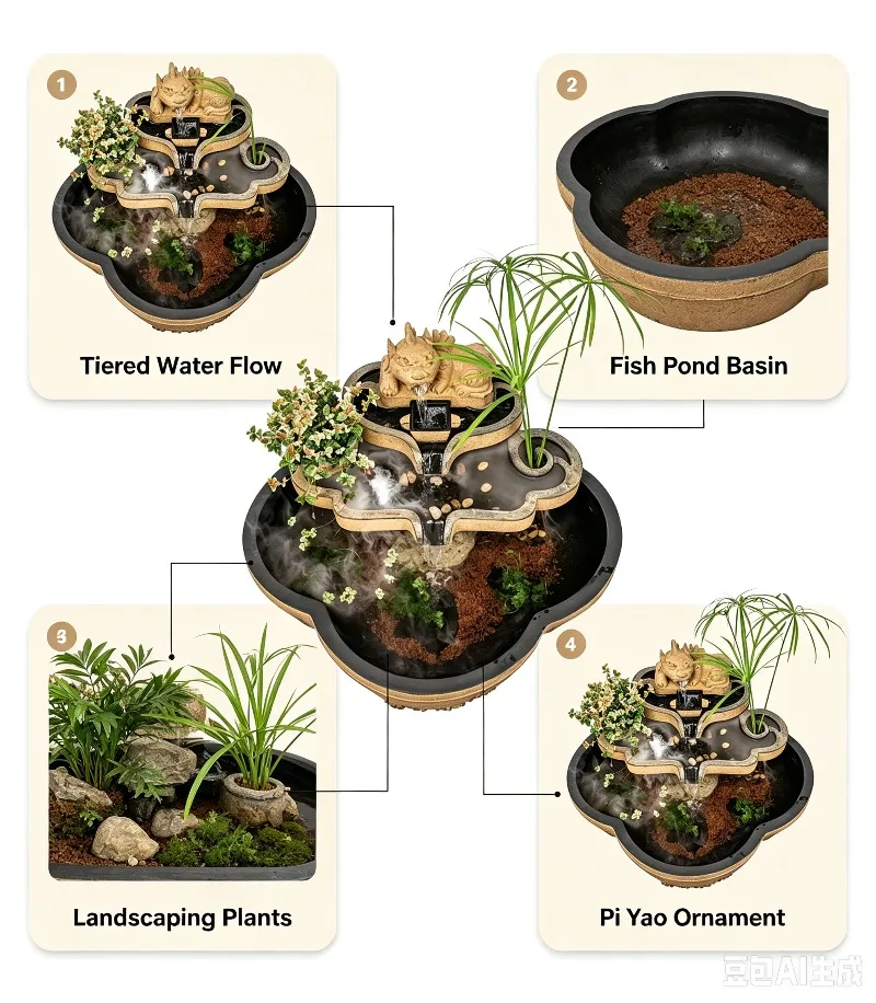 Chinese fountain, ancient fish tank pond landscape, outdoor garden balcony flowing water courtyard decoration