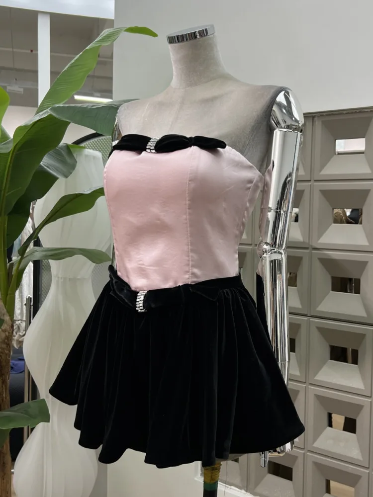 DFDG レディース 2025 春夏 キュートなリボンワンピース オフショルダー ストラップレス カットアウト 鎖骨見せ スリムフィット Aライン ミニ丈 パーティードレス