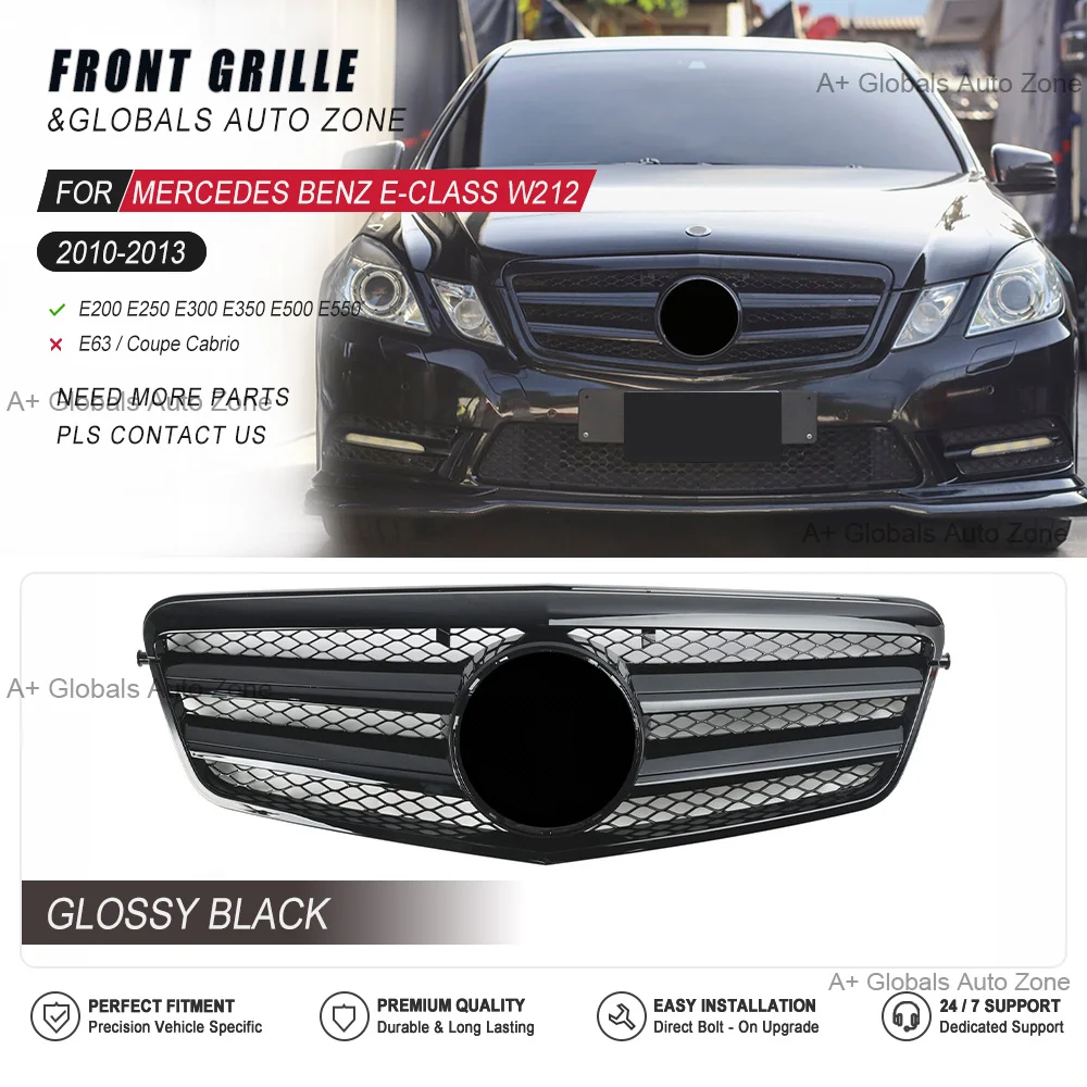 Glänzend schwarzer vorderer oberer Kühlergrill mit Spiegelstern für Mercedes Benz W212 Limousinenmodelle 2010-2013 E200 E250 E300 E350 E500 E550.